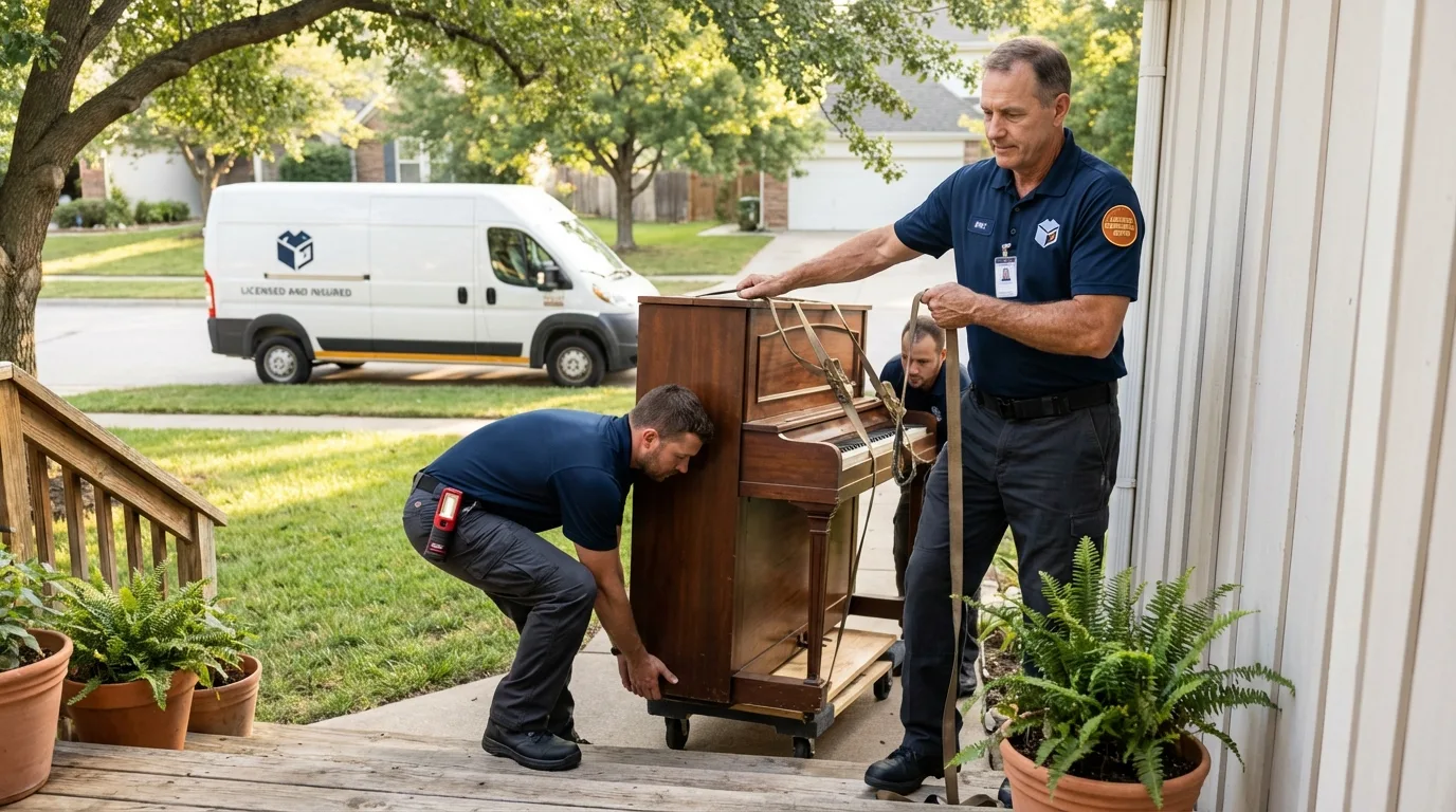 Licensed piano movers securing grand piano in Monee, IL