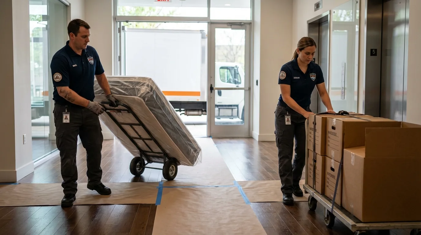 Professional apartment movers loading elevator in Monee, IL