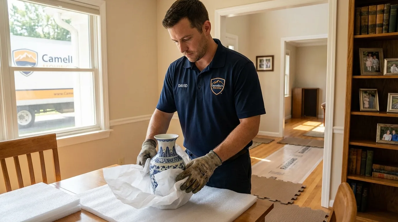 Professional crew carefully wrapping antique vase for senior downsizing move in Monee, IL